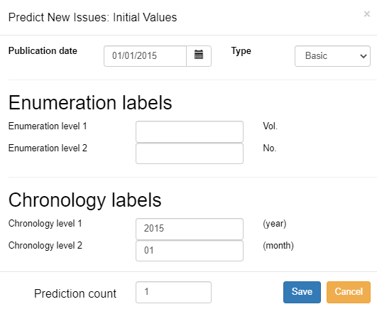 The Predict New Issues dialog box contains options for setting publication dates, Enumeration labels, Chronology labels, and Prediction counts.