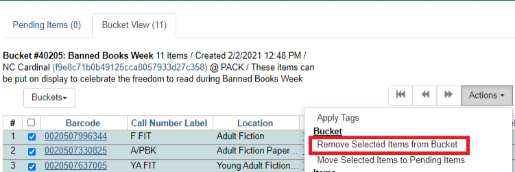 "Remove Selected Items from Bucket" is the second option listed under "Bucket" in the Actions dropdown menu.