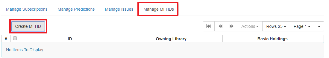 Manage MFHD tab is the fourth (last) tab in the row of tabs. The Create MFHD button is just beneath the tab row.