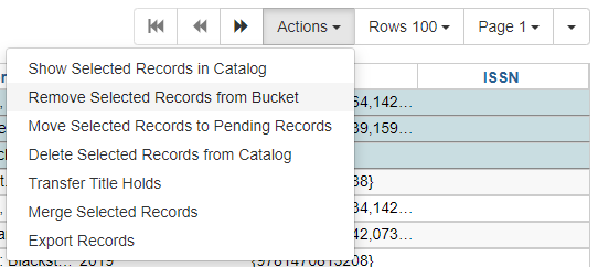 Remove Selected Records from Bucket is the second option in the Actions dropdown menu.