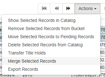 Merge Selected Records is the sixth option in the Actions dropdown menu.