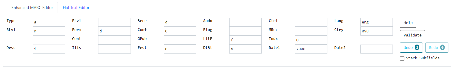 Example Enhanced MARC Editor fields for large print book