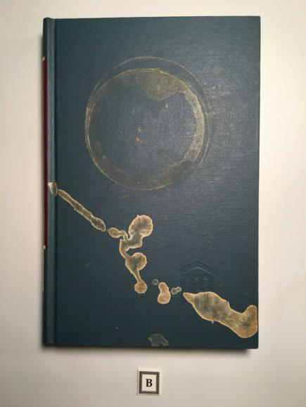 Damaged book cover with oily or sticky residue