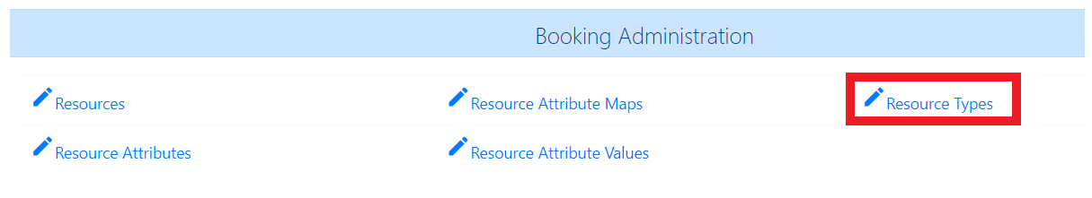 Resource Types is the only item in the third column of the Resource Administration menu page