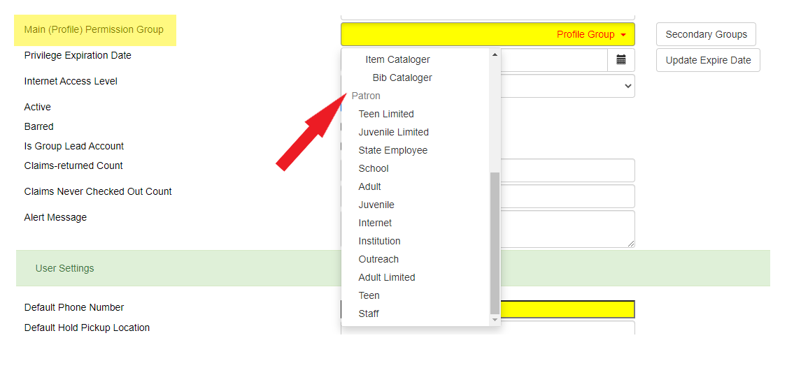 The Profile Group field contains a drop down menu and you can select a Patron Permission Group from that list.
