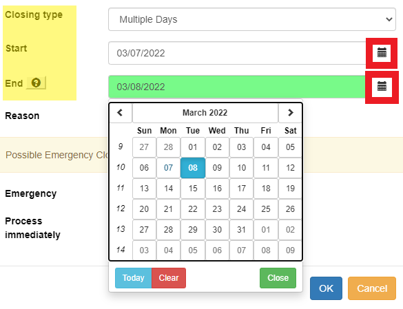 When "Multiple Days" is selected from the Closing Type menu, two fields for Start and End dates will pop up underneath, with a calendar option to choose the dates.