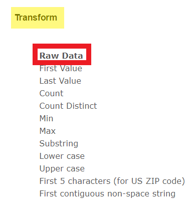 Raw Data is the first option on the Transform list for Shelving Location Name.