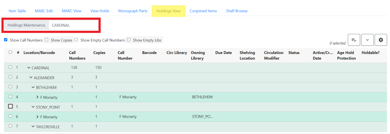 The Holdings View tab is the sixth tab. Set your library system from the drop down just underneath the tabs.