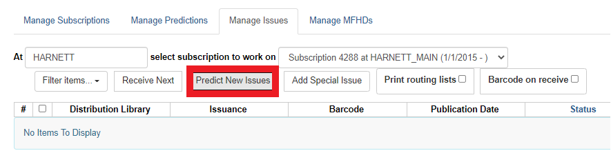 The Predict New Issues button is the third in the row of options just above the item list in the Manage Issues tab.