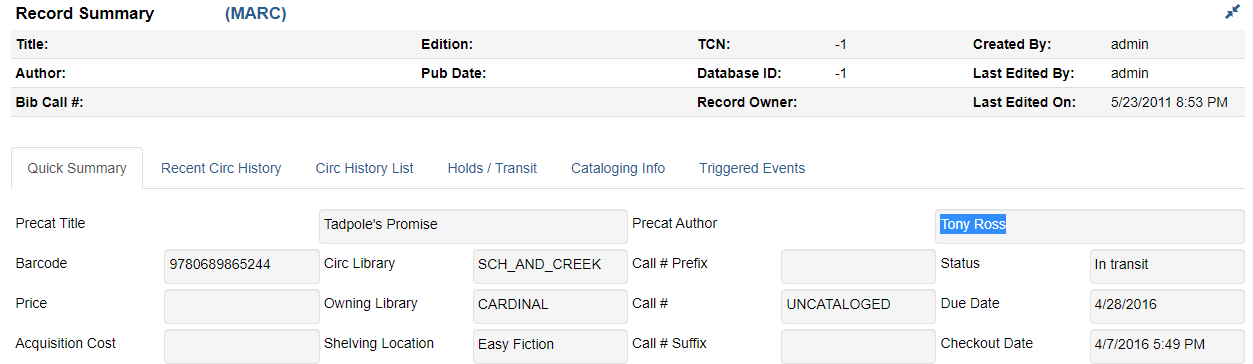 Example record of a pre-cataloged item.