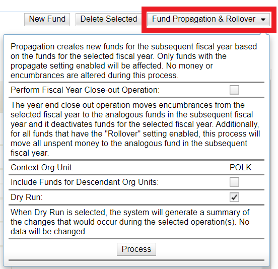 The Fund Propagation and Rollover button is the last button in the menu row.