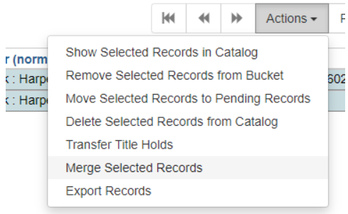 Merge Selected Records is the sixth option listed in the Actions dropdown menu.