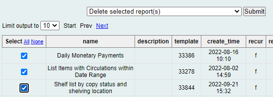 Example reports with their checkboxes checked and "Delete selected report(s)" selected in the dropdown list