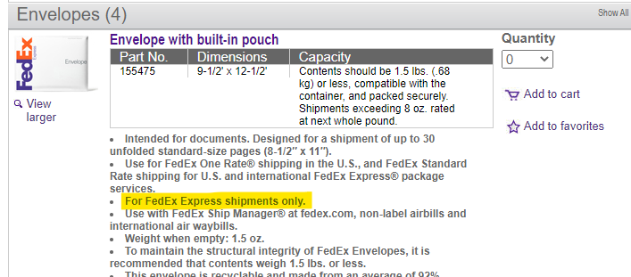 Example FedEx envelope listing with "For FedEx Express shipments only" highlighted in yellow