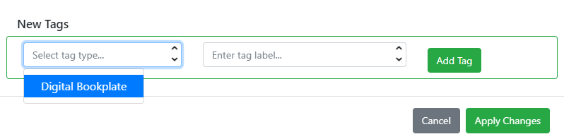 Select tag type dropdown menu with Digital Bookplate highlighted