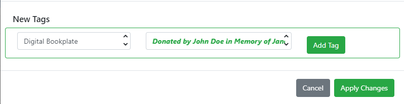 Donated by John Doe in Memory of Jane Doe entered into label field
