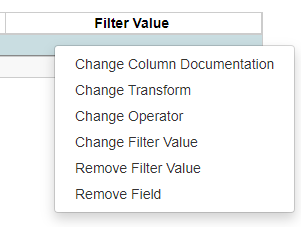 Right clicking on a filter line results in a drop-down menu from which you can change Column Documentation, Transform, Operator, or Filter Value. You can also remove Filter Value and Field.