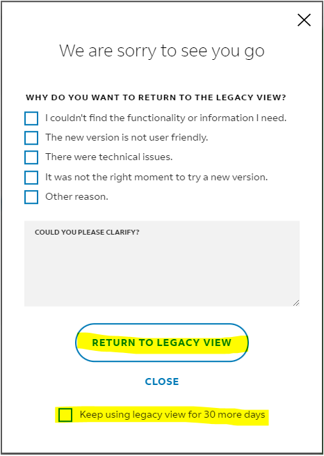 "Return to Legacy View" button highlighted in yellow