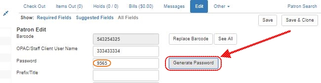Screenshot of patron record with Generate Password button indicated with an arrow.