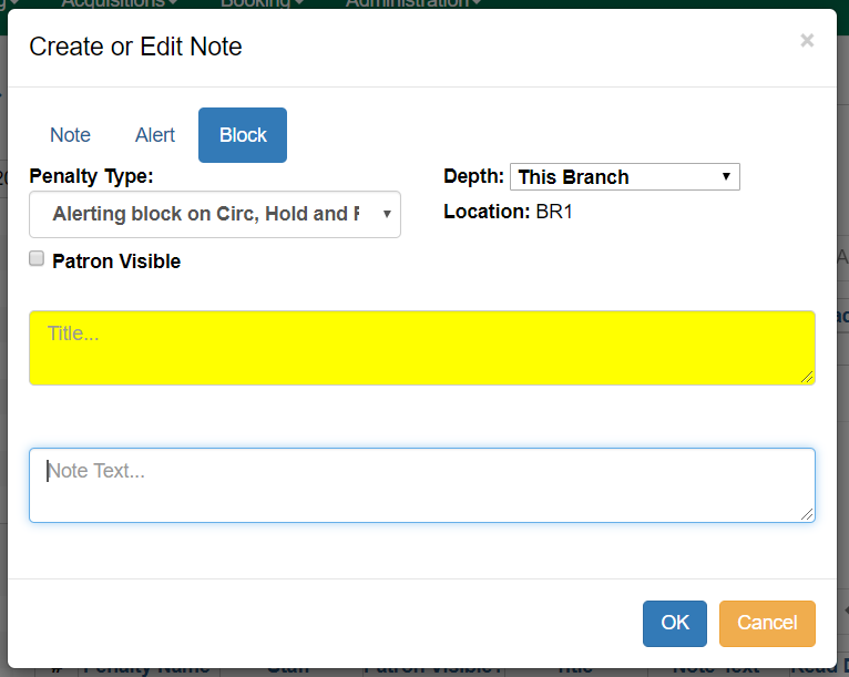Create or Edit Note popup window with Block selected