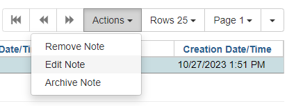 Edit Note is the second option listed in the Actions dropdown menu.