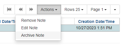 Archive Note is the third option listed in the Actions dropdown menu.