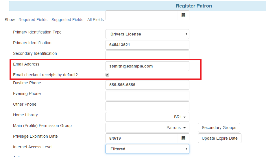 The Email checkout receipts by default? box has been checked in this example patron registration form.