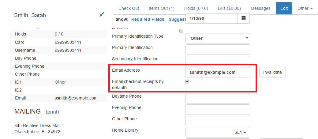 The Email checkout receipts by default? box has been checked in this example patron edit screen.