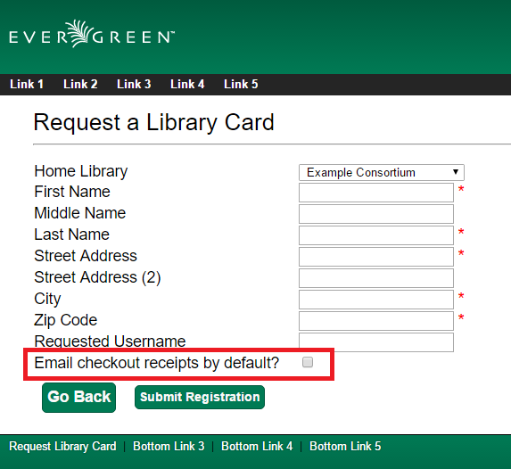 The Email checkout receipts by default? checkbox in the patron self-registration form