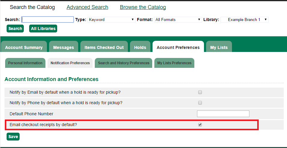 The Email checkout receipts by default? box has been checked in this example patron OPAC account.