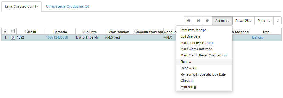 Renew is the sixth option listed in the Actions dropdown menu. Renew All is the seventh.
