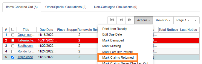 Mark Claims Returned is the sixth option listed in the Actions dropdown menu.