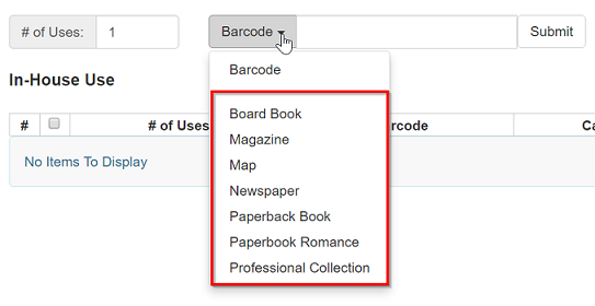 The Barcode dropdown menu lists non-cataloged types of items.