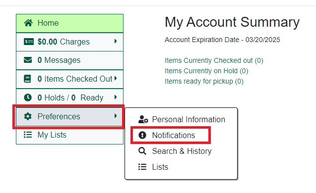 Notifications listed under Account Preferences dropdown menu