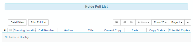 Holds Pull List screen