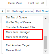 Mark Item Damaged and Mark Item Missing highlighted in red
