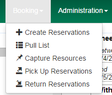 Create Reservations is the first option listed in the Booking dropdown menu.