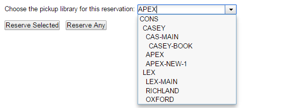 Choose the pickup library for this reservation dropdown menu