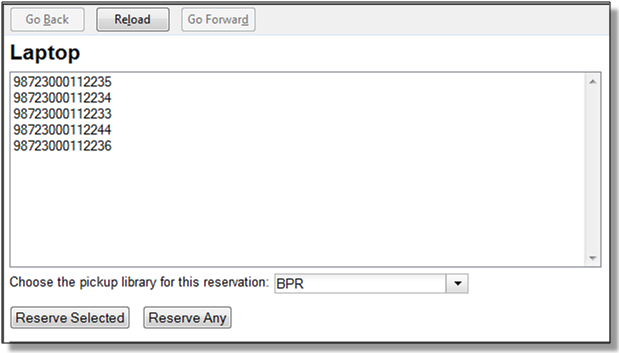 The Reserve Selected and Reserve Any buttons appear in the bottom left-hand corner of the reservation window.