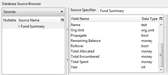 Fund Summary core source in Database Source Browser