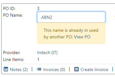 PO name already in use warning dialog in Purchase Order information