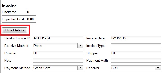 The Hide Details button is located beneath the Expected Cost in the Invoice screen.