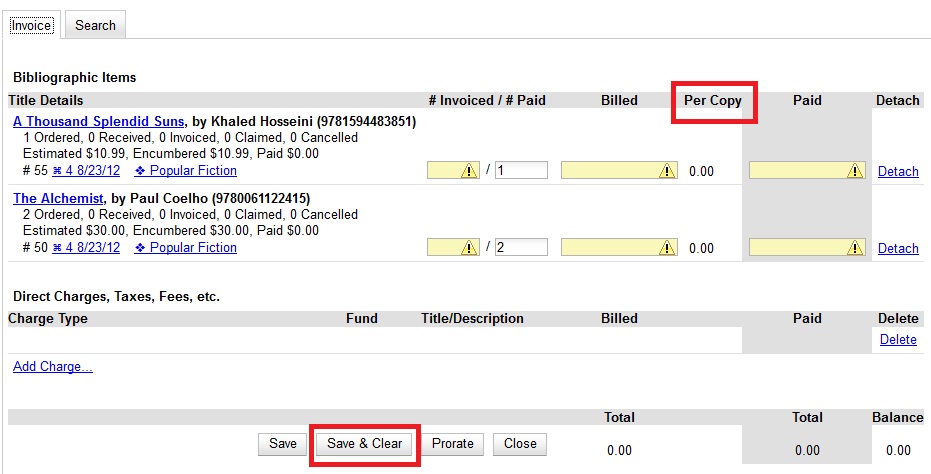 The Per Copy field is located between the Billed and Paid fields under the Invoice tab.