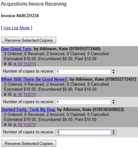 The Receive Selected Copies button is located above and below the list of items in the Acquisitions Invoice Receiving screen.