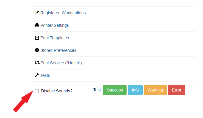 The Disable Sounds check box is below the menu of options on the Administration/Workstations page.