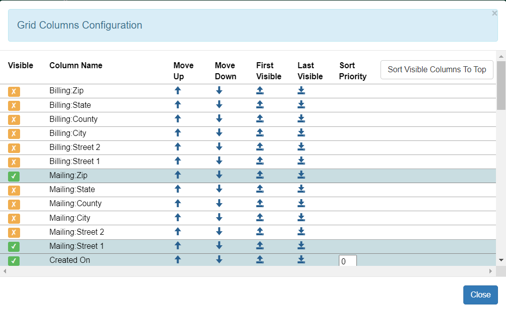 Grid Column Configuration pop up from the Manage Columns menu option.