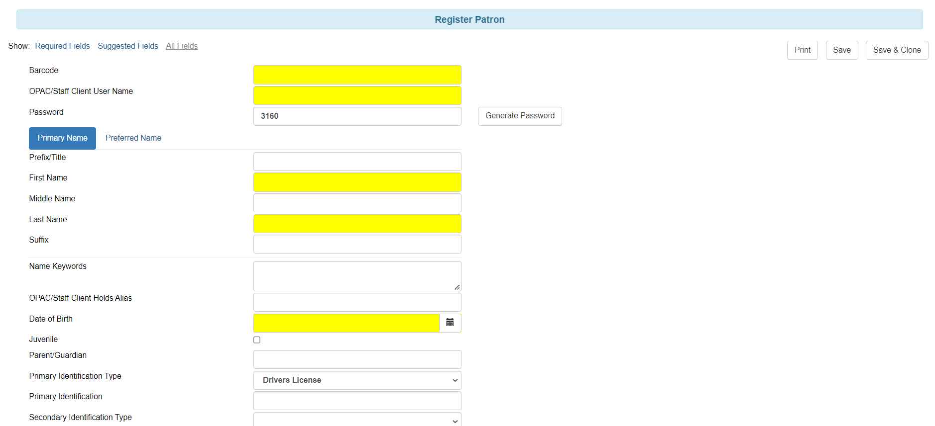 Screenshot of the Patron Registration page.
