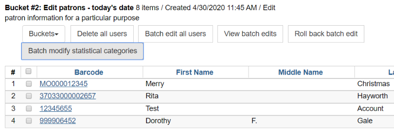 The Batch modify statistical categories button is located beneath the Buckets and Delete all users buttons in the bucket view.