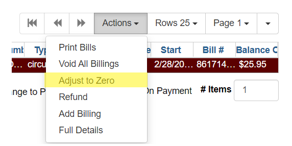 Actions dropdown menu with Adjust to Zero highlighted in yellow