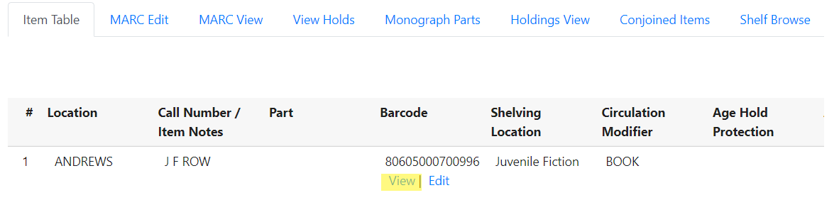 Beneath the Barcode in the Item Table, View is highlighted in yellow.